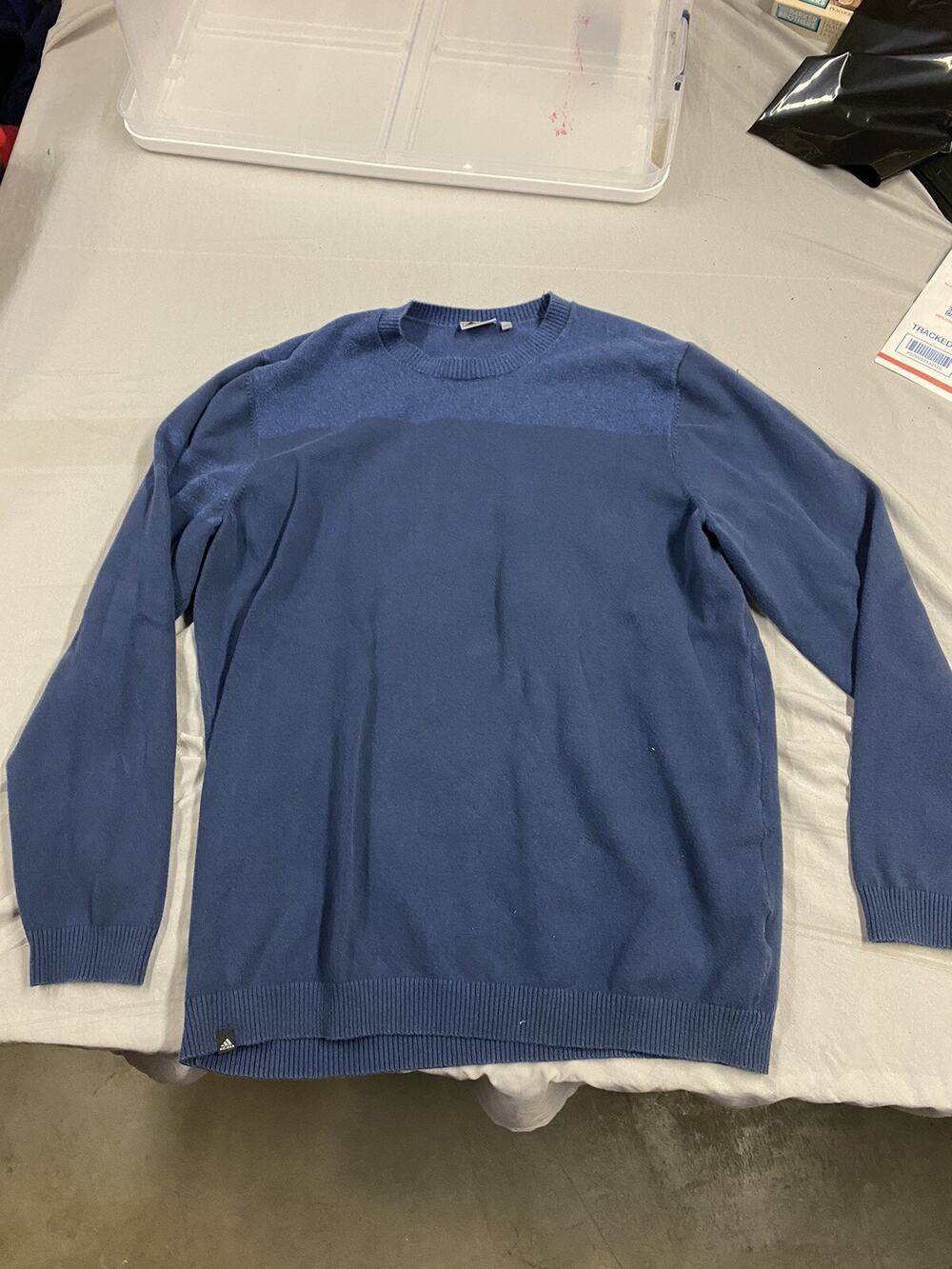 Adidas Sweater Mens Large Blue Pullover Crew Neck Spell Out Logo Performance